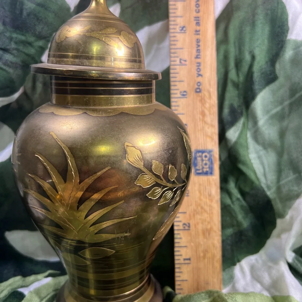 Etched 2 tone Brass Ginger Jar Urn 9” w/Lid & 6 Goblets‎ Birds, flowers, trees